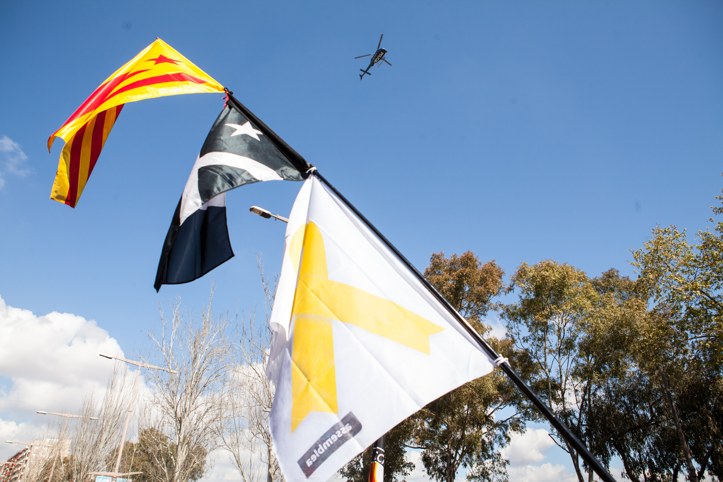 Catalan police watching  protesters from the elicopter. Barcelona