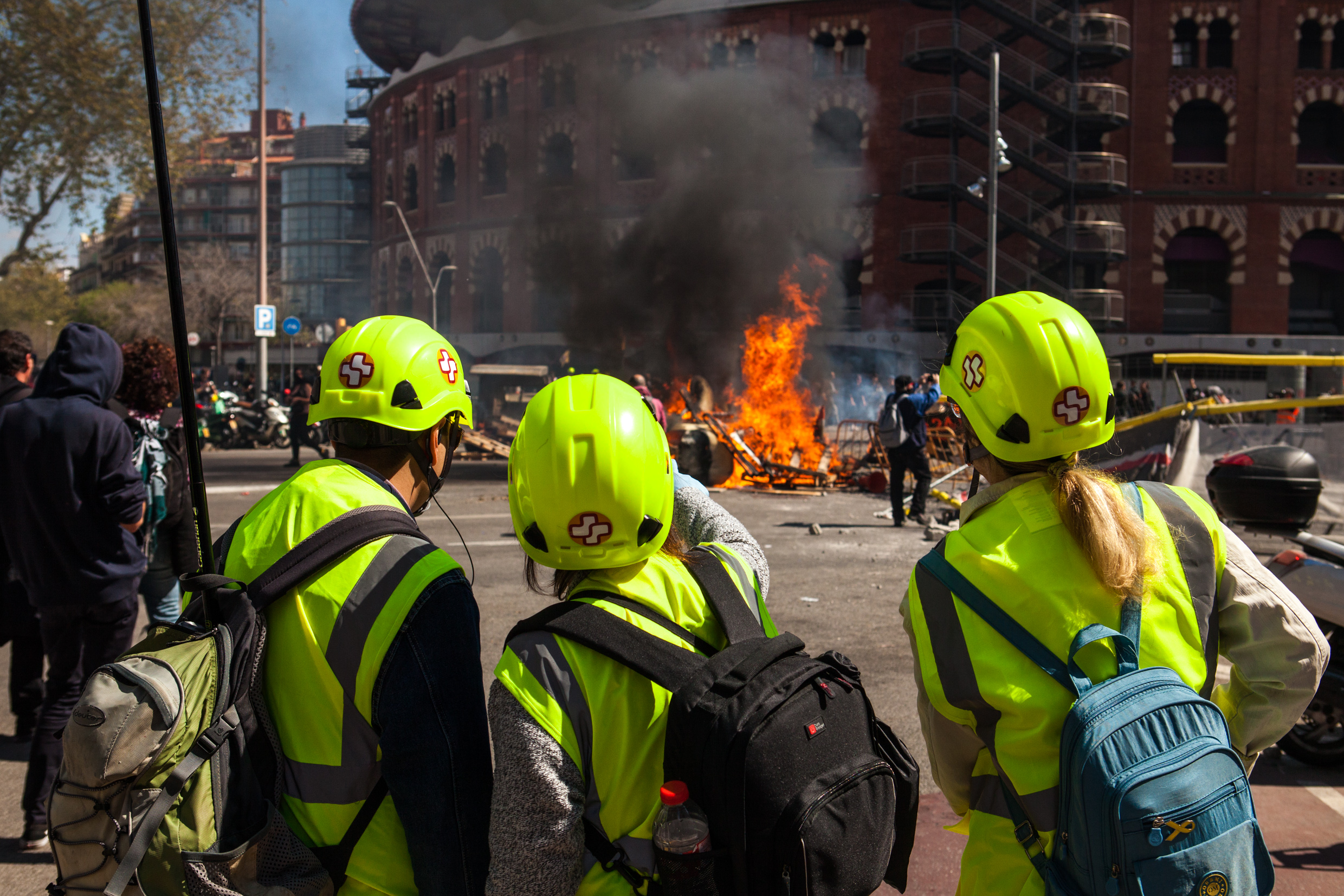 Street medic group supporting protest against VOX. Barcelona